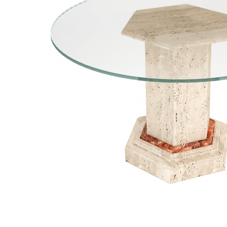 oluka mesa comedor columna travertino romano cristal redondo
