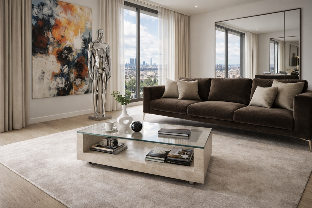 amia mesa mármol travertino y cristal diseño