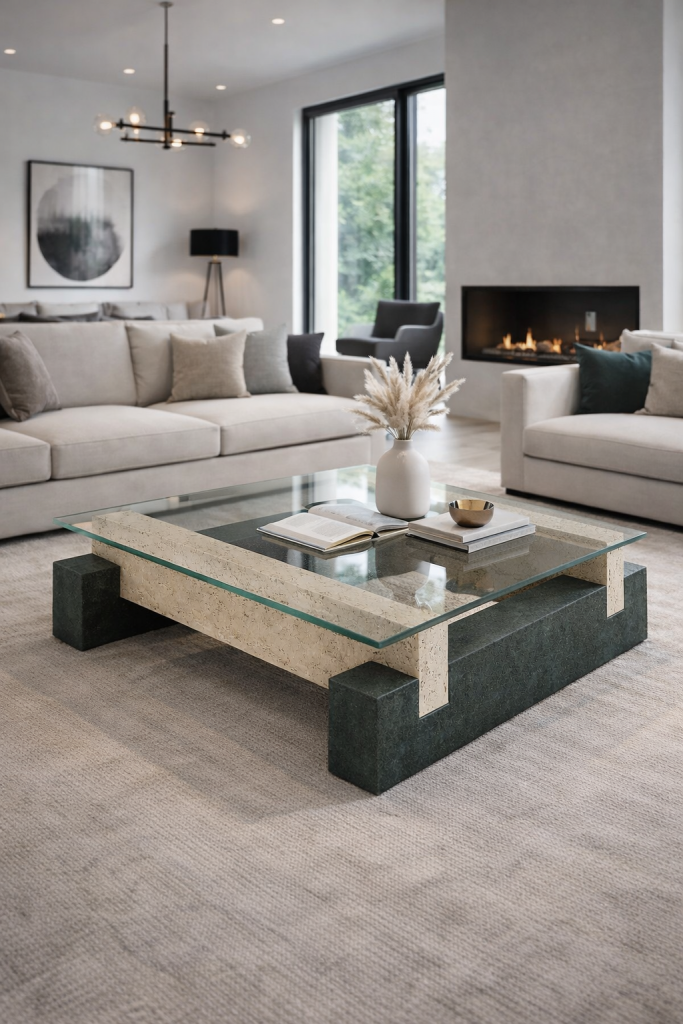 mesa centro mármol travertino y pizarra negra argenta moll