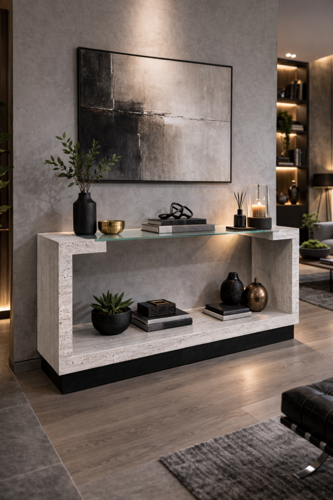 mesa consola creta en mármol travertino y pizarra negra