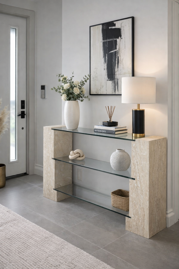 Escala consola separador recibidor mármol travertino a medida y tres cristales