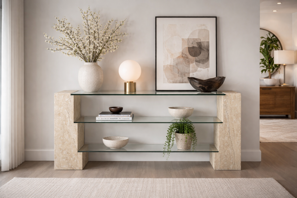 mueble recibidor mármol travertino y cristal escala