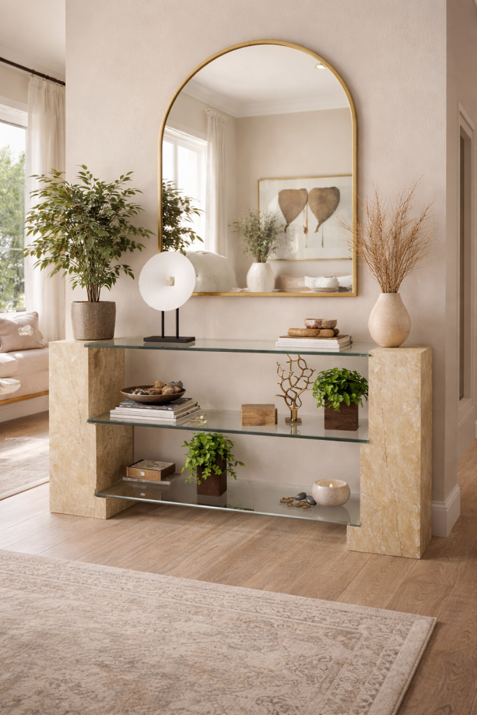 consola escala mármol travertino cristal