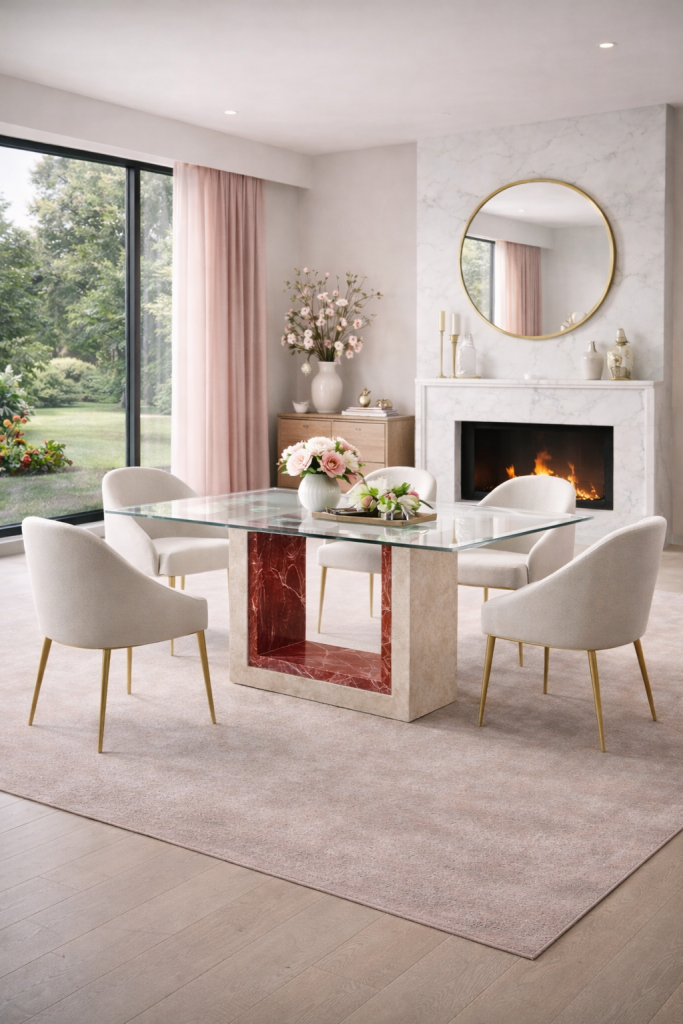 MESA COMEDOR DOBVLE MÁRMOL Y CRISTAL FELES FORMA U