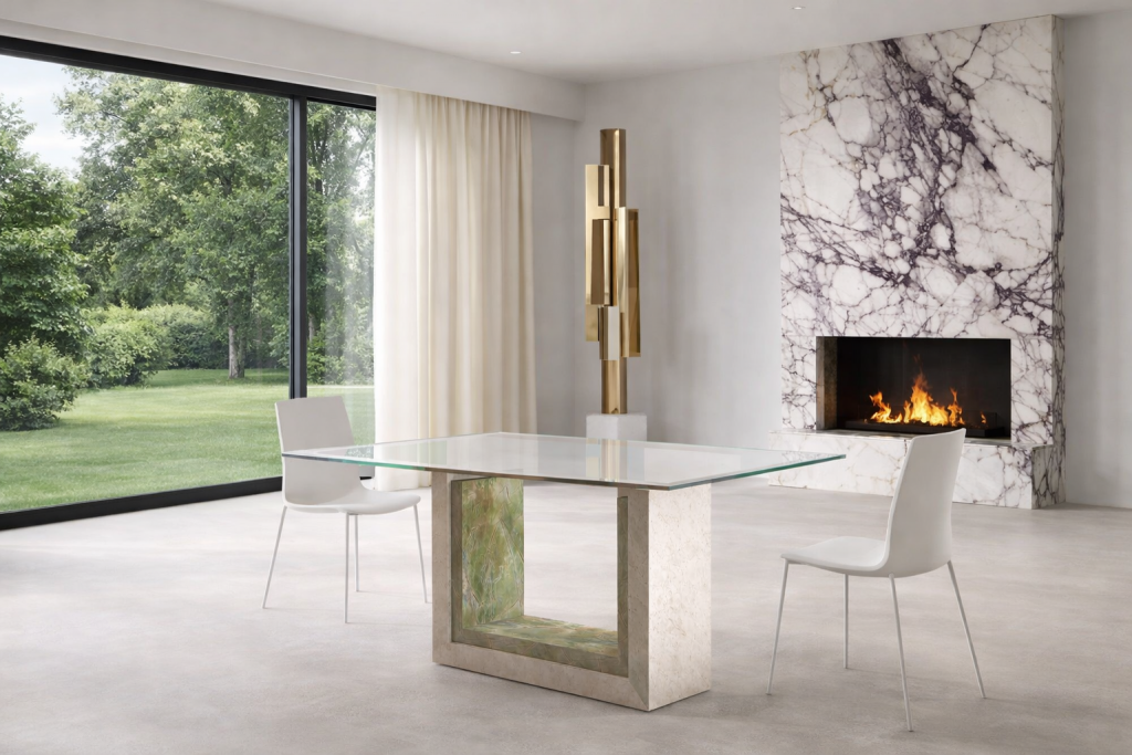 MESA COMEDOR FELES MÁRMOL VERDE Y TRAVERTINO