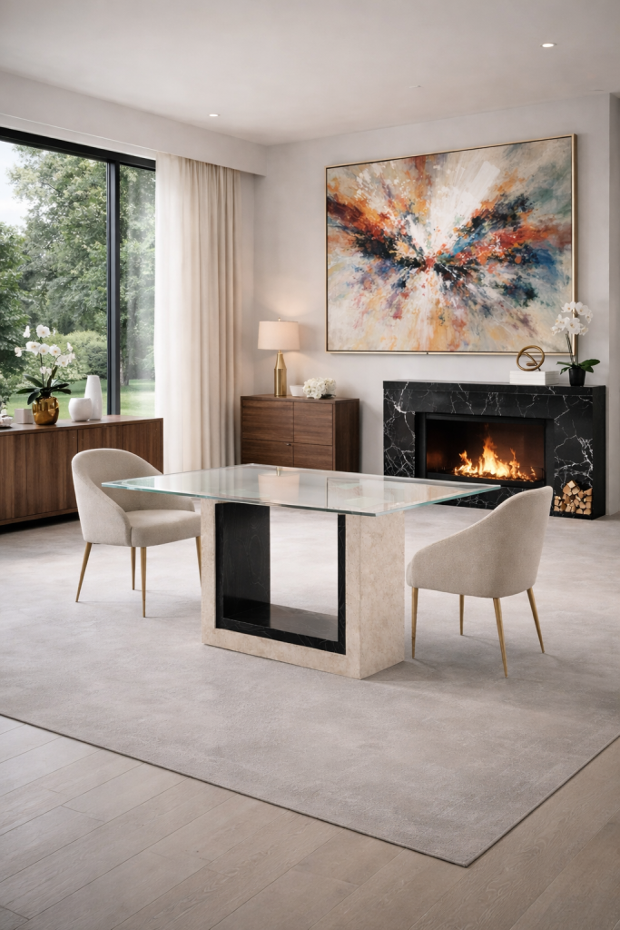 MUEBLE COMEDOR MESA MÁRMOL PIZARRA Y CRISTAL FELES