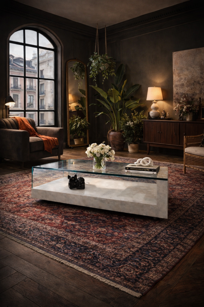 mesa centro fornix mármol y cristal