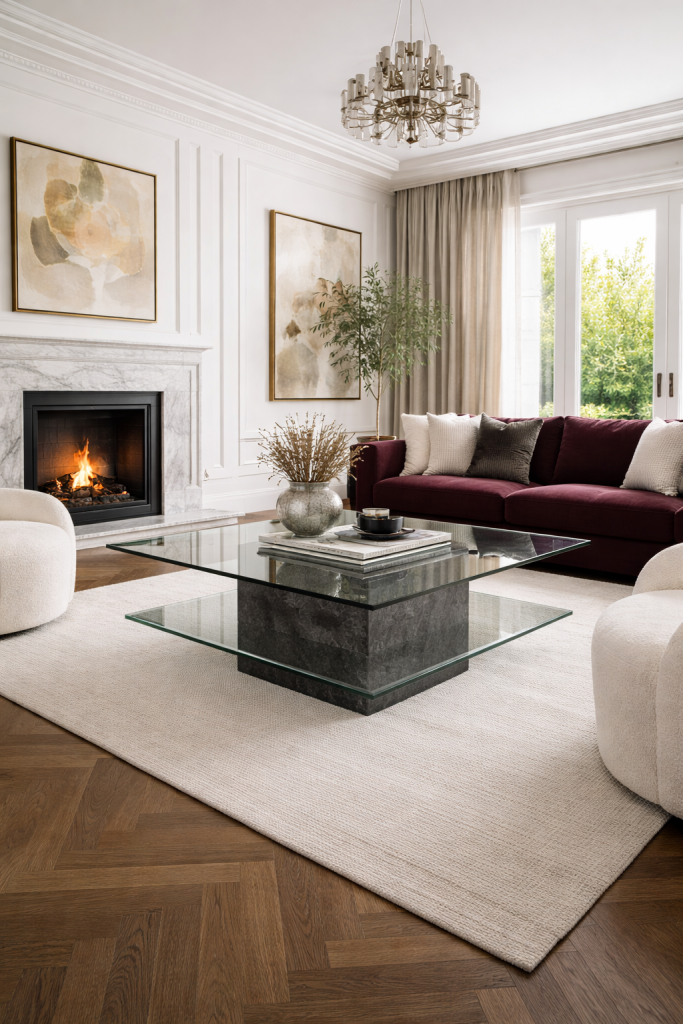 mesa de centro keuper en mármol y cristal