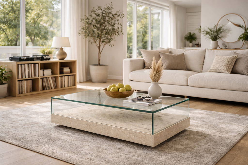 MESA DE CENTRO DE DISEÑO EN MÁRMOL TRAVERTINO LENAR MESA MÁRMOL CRISTAL