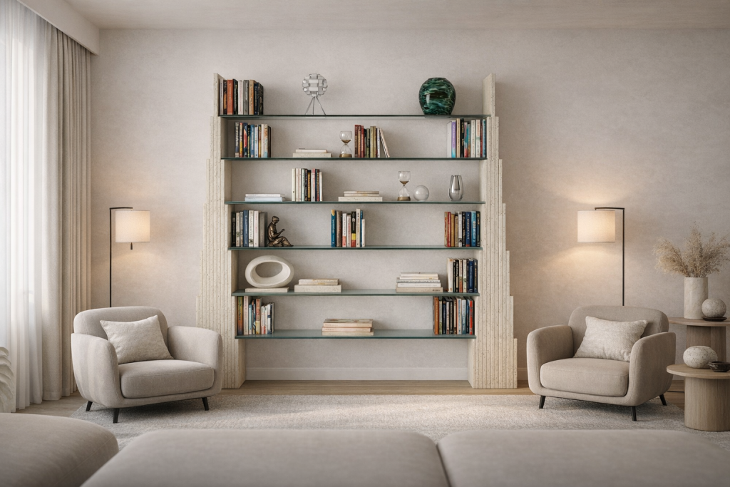 ESTANTERÍA DISEÑO CONTEMPORÁNEO MÁRMOL TRAVERTINO MANHATTAN TORRE NUEVA YORK Manhattan Travertine Marble Bookshelf