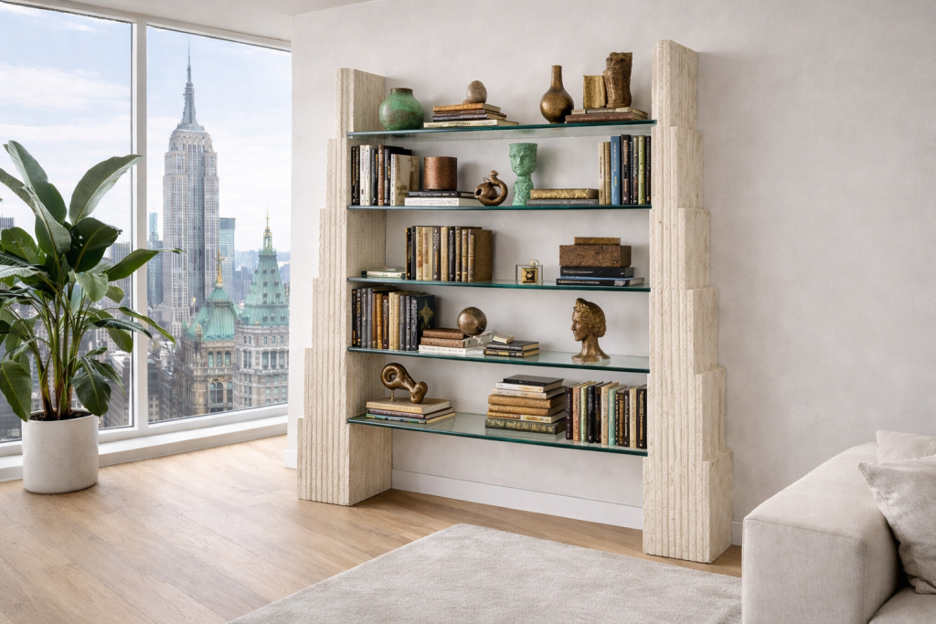 DISEÑO DE ESTANTERÍA EN MÁRMOL TRAVERTINO Y CRISTAL