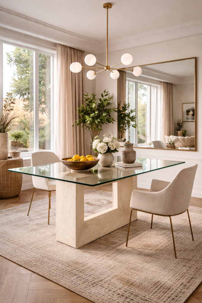 MESAS A MEDIDA POR ENCARGO EN MÁRMOL TRAVERTINO Y CRISTAL MYA