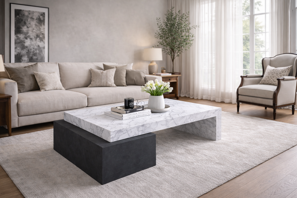 norita mesa mármol carrara y pizarra negra diseño moderno