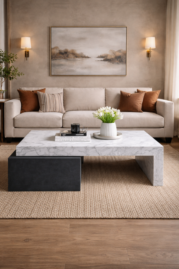 mesa centro mármol carrara y base de pizarra negra Norita Meddel