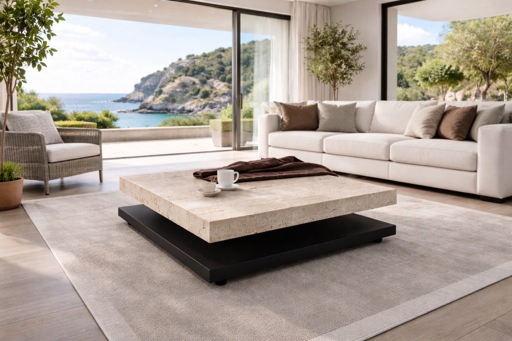 SAGRA MESA CENTRO MÁRMOL TRAVERTINO Y PIZARRA Sagra Travertine Slate Table Raw Marble Coffee Table Craftmanship Made To Measure Marble Furniture Designer Table Curated Luxury Furniture