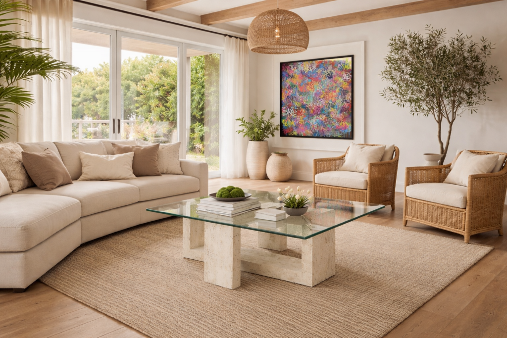 mesa centro mármol travertino cristal kliff