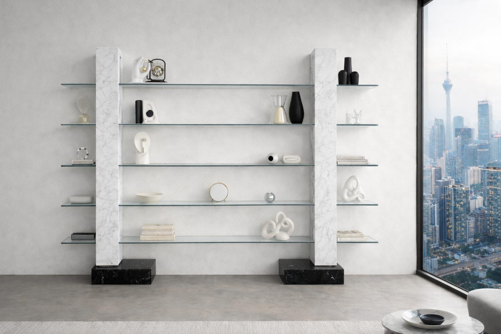 trade bookshelf marble glass