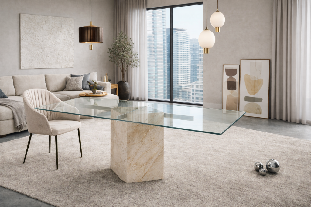 mesa comedro kalmar mármol crema travertino Italia cruceta metal pulido