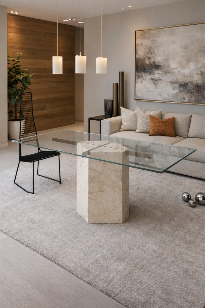 mesa comedro kalmar mármol crema travertino Italia cruceta metal