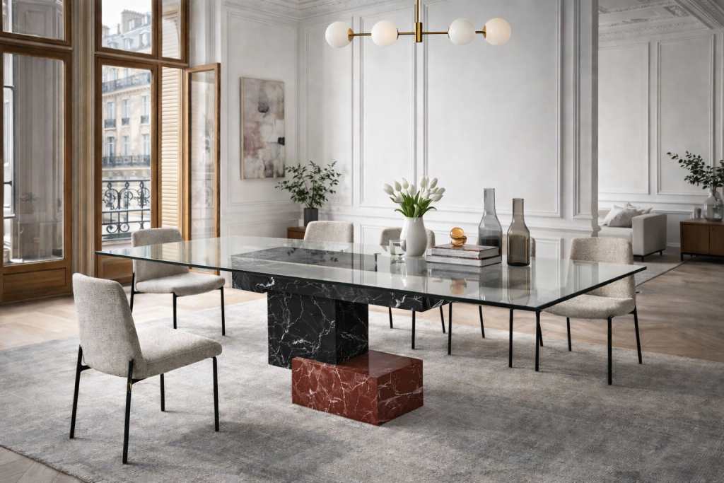 mesa comedor mármol negro marquina y rojo tacerii