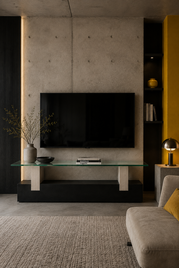 Mesa de televisión Argenta de Meddel en mármol travertino, base de pizarra negra y cristal, mueble de diseño contemporáneo hecho a medida.