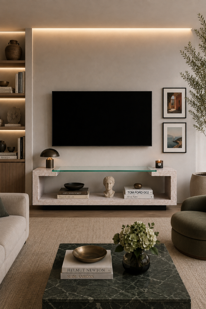 Creta TV cabinet by Meddel in travertine marble with recessed glass top and black slate plinth, designed by Joaquín Moll