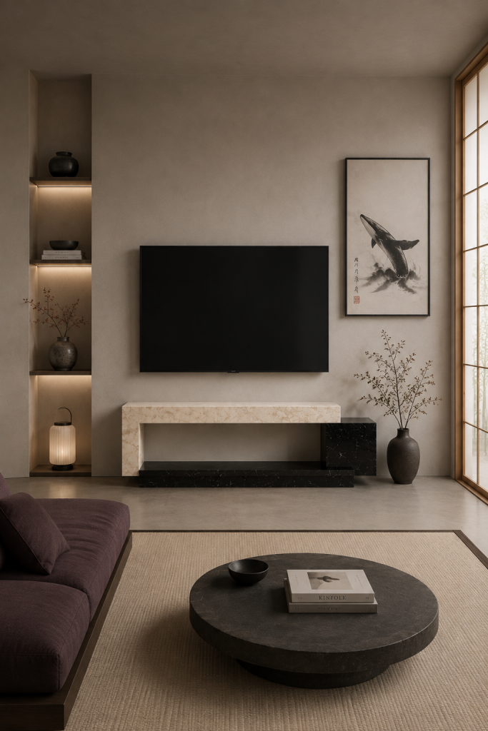 Greda TV cabinet by Meddel featuring three assembled marble volumes designed by Joaquín Moll