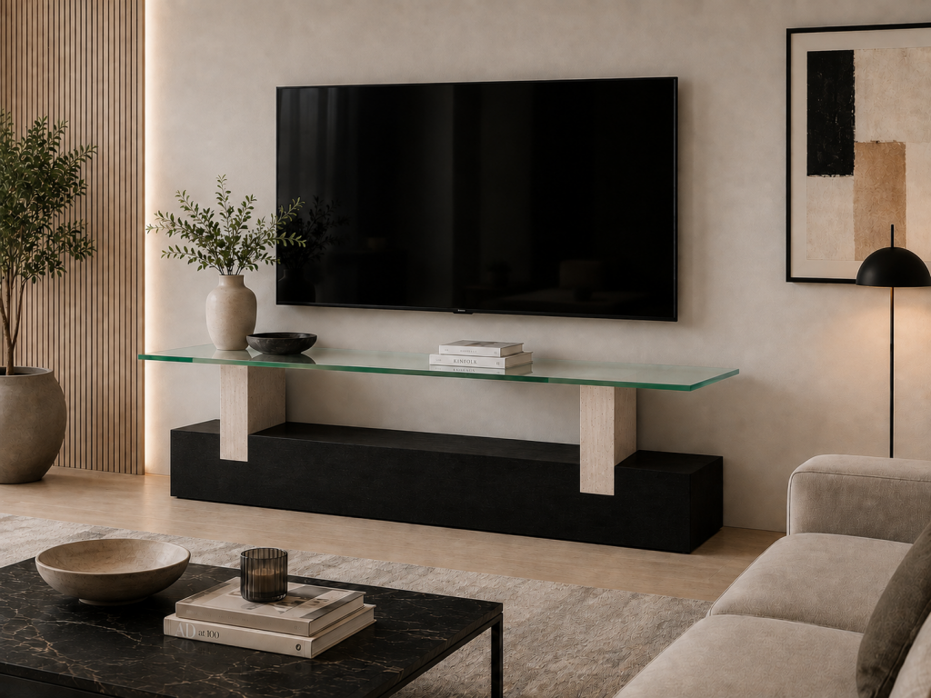 Mueble TV de diseño Argenta con estructura de piedra natural, bastidores de mármol travertino y sobre de cristal transparente