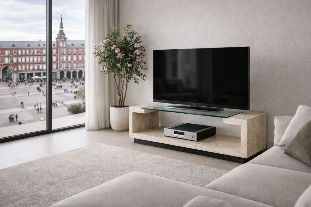Creta designer TV cabinet featuring an O-shaped travertine marble structure and integrated glass surface