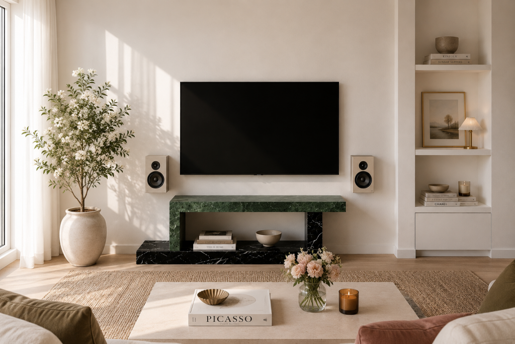 Mueble TV de diseño en mármol con doble estructura en L y hueco central de líneas arquitectónicas
