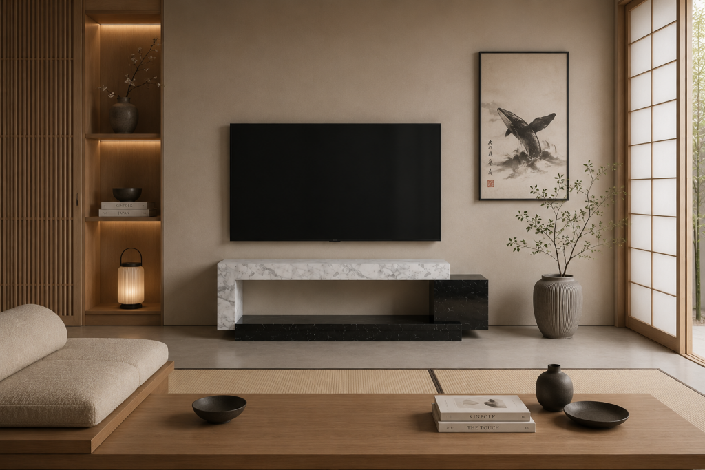 Designer marble TV cabinet with elongated base, side marble cube and L-shaped upper structure