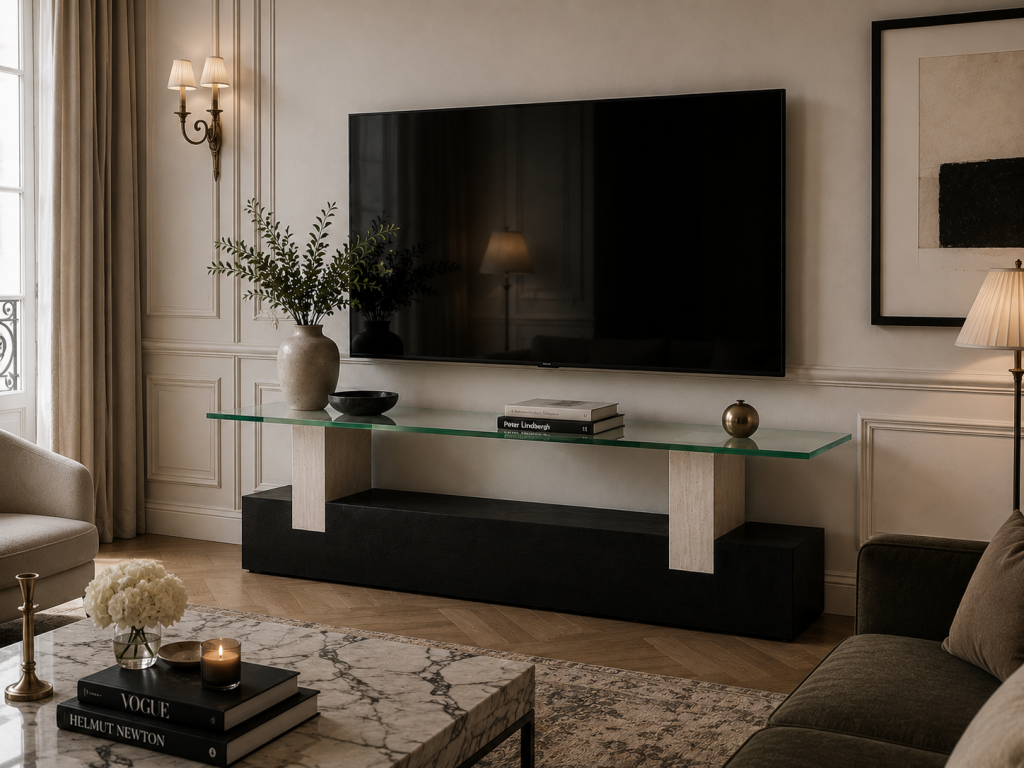 Luxury travertine marble and black slate TV cabinet designed by Joaquín Moll for Meddel