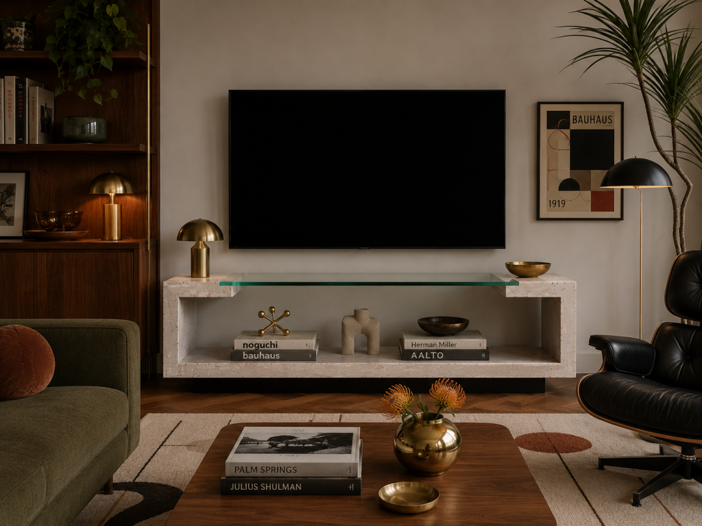 Luxury natural stone TV cabinet in travertine marble, glass and black slate by Meddel