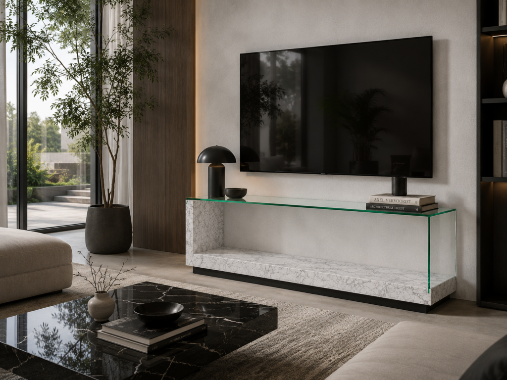 mesa televisión mármol blanco carrara diseño en mármol a medida lujo