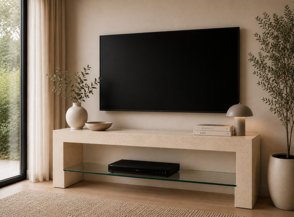 limestone TV stand with a marble design