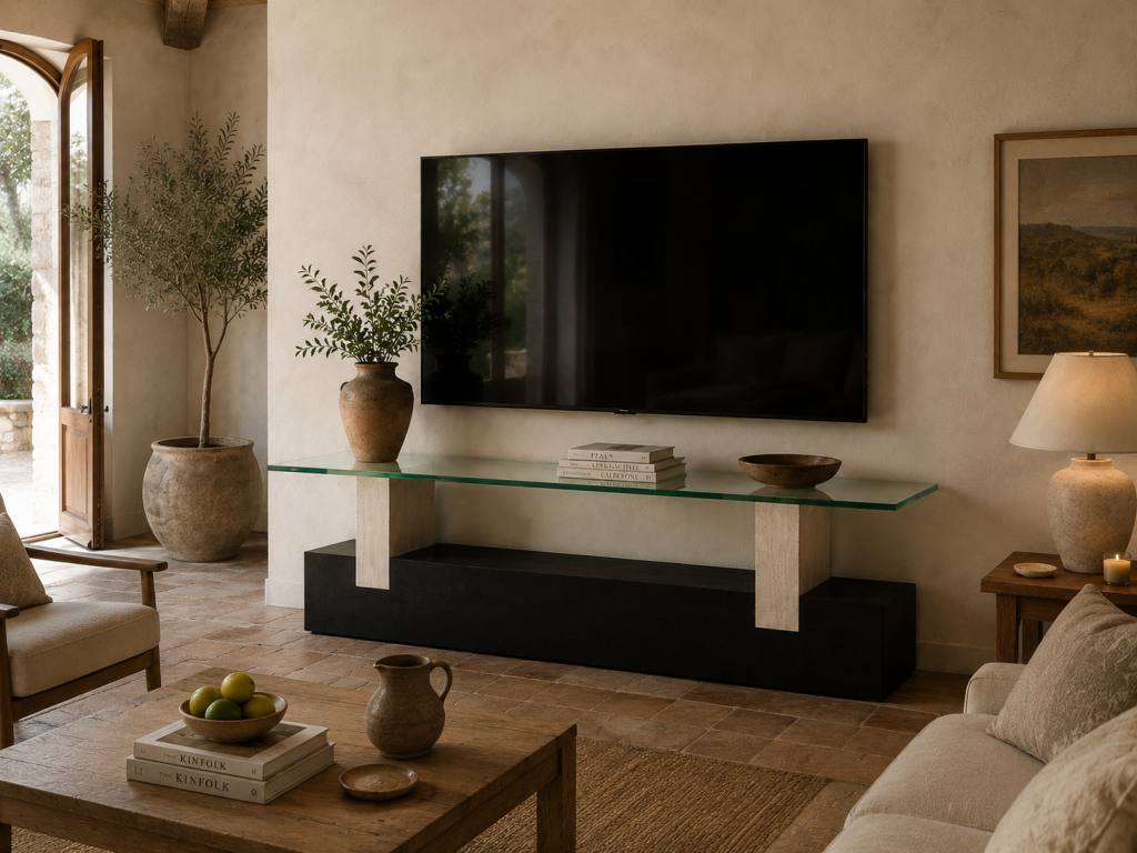 Modern natural stone TV stand with black slate base, travertine marble frames and floating glass top