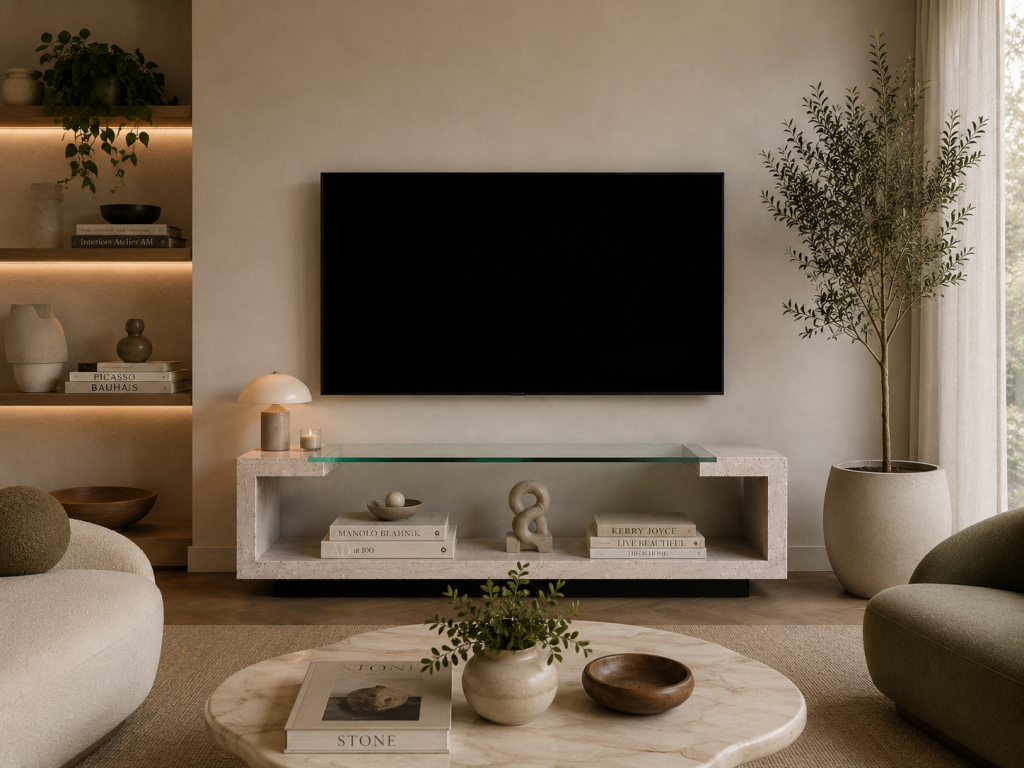 Mueble de televisión moderno en mármol travertino con estructura escultórica circular y cristal encastrado