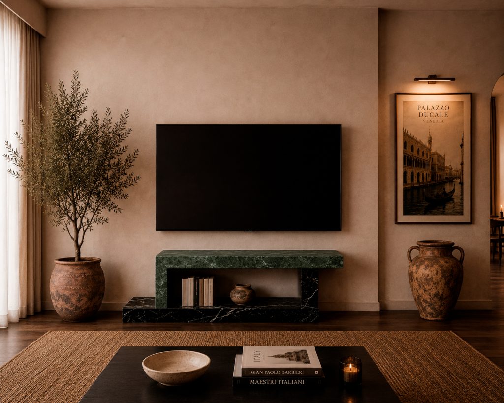 Mueble de televisión moderno de mármol fabricado artesanalmente en España con diseño contemporáneo