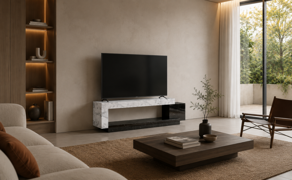 Modern handcrafted marble TV unit with architectural contemporary design