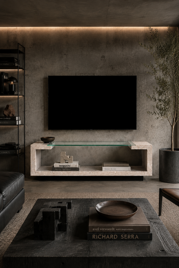Creta TV de Meddel, mobiliario de diseño artesanal en travertino, cristal y pizarra negra hecho a medida