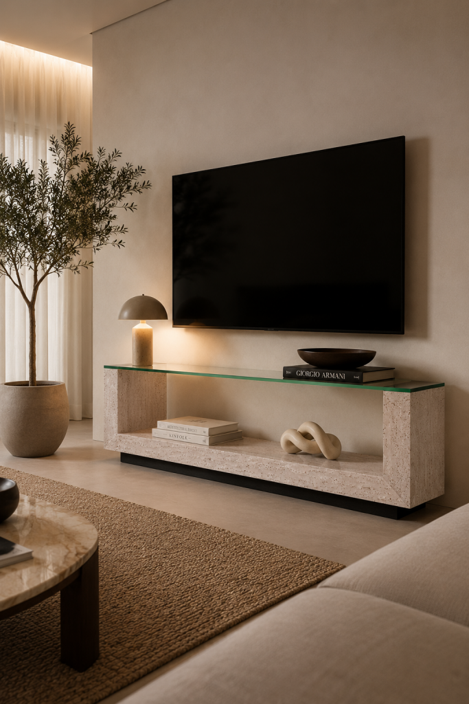 AMIA MARBLE DESIGN TELEVISION TABLE TRAVERTINE MADE TO MEASURE