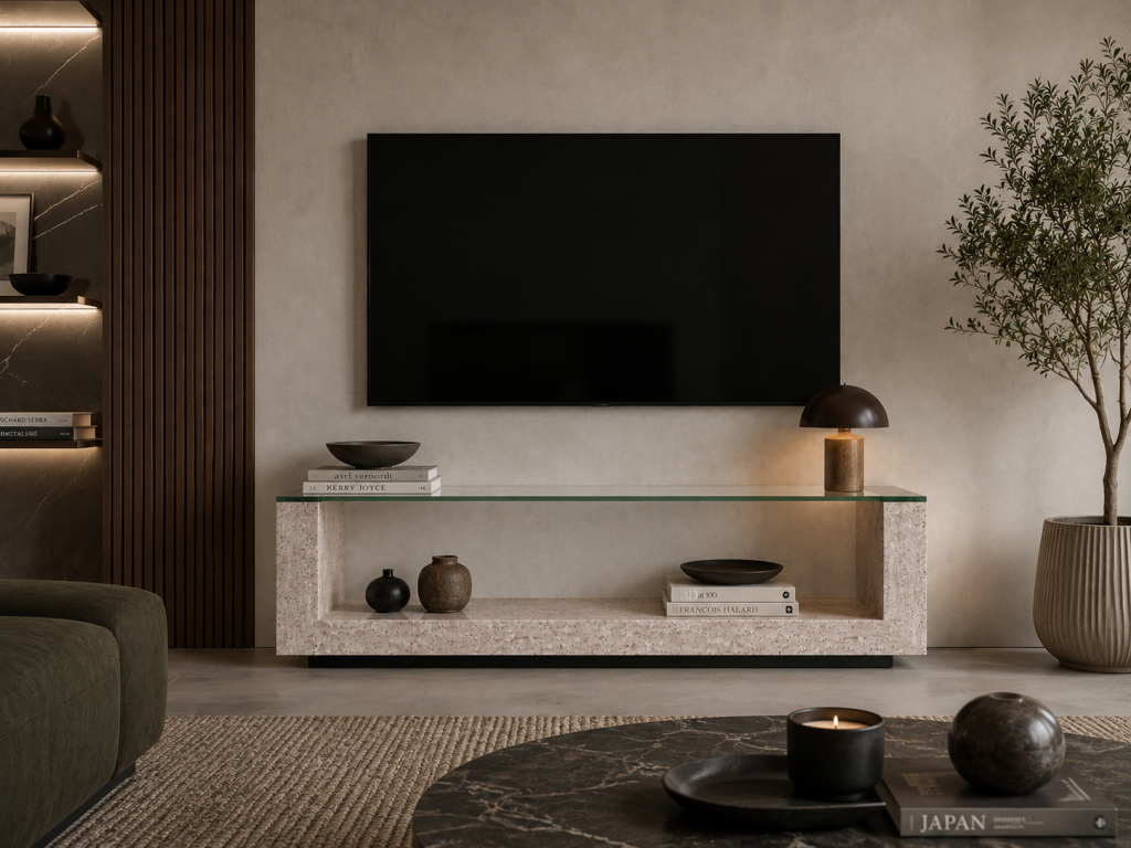 mesas de diseño de televisión en mármol travertino AMIA TV