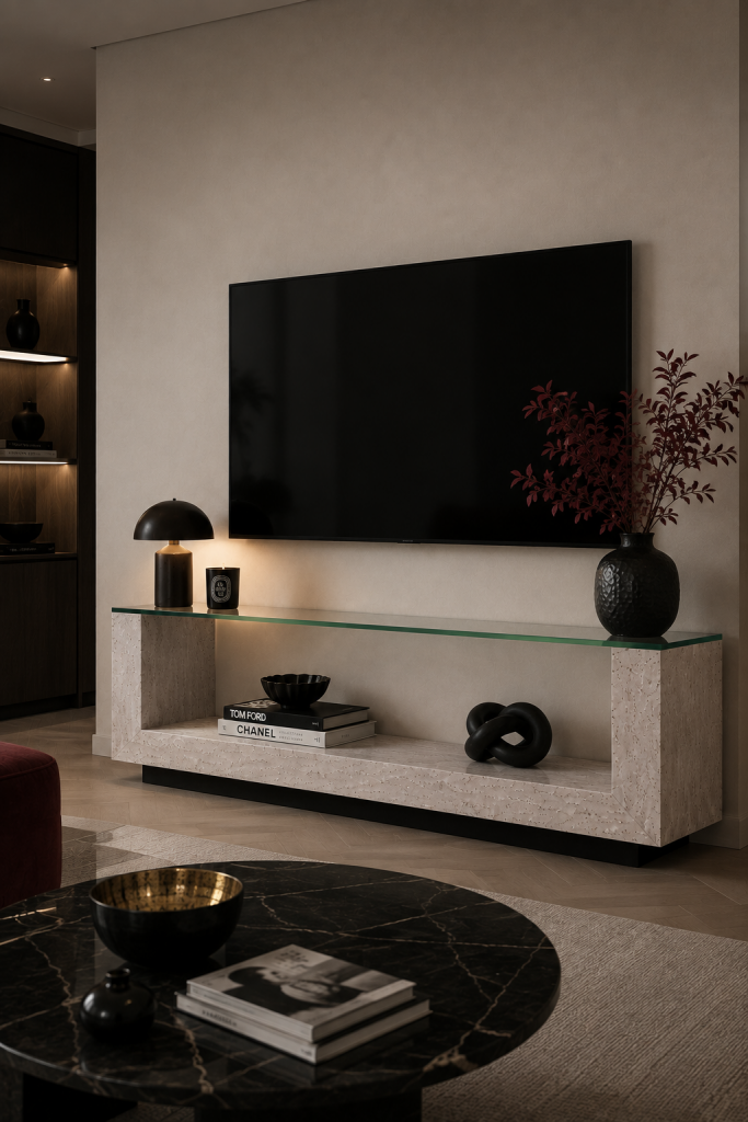 mueble televisión mármol travertino color crema y cristal diseño moderno