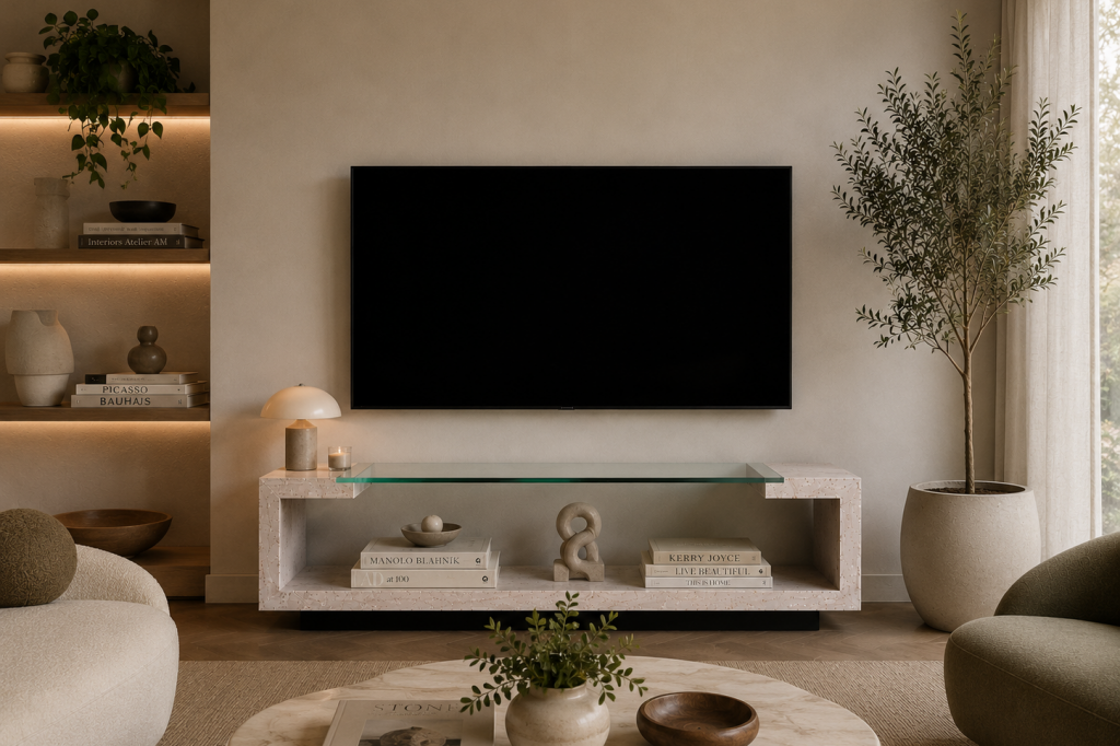 CRETA TV MESA TELEVISIÓN MÁRMOL TRAVERTINO DISEÑO MEDDEL MOLL