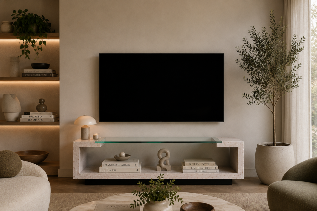 CRETA TV MESA TELEVISIÓN MÁRMOL TRAVERTINO DISEÑO MEDDEL MOLL